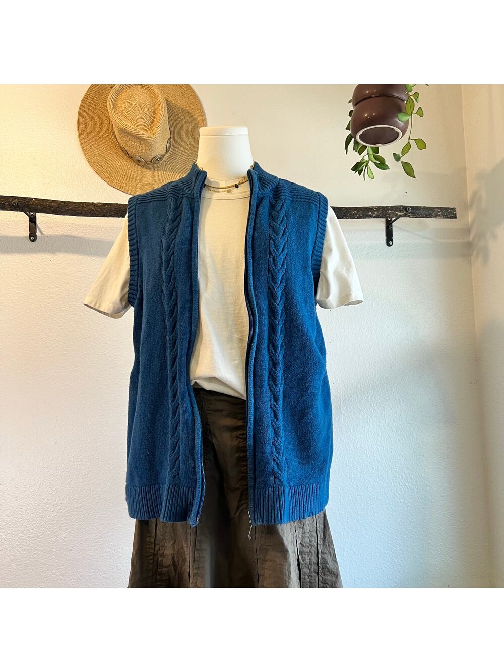 90s 100% Cotton Blue Cable Knit Woven Knit Zip Up Sweater Vest Top Size Large
